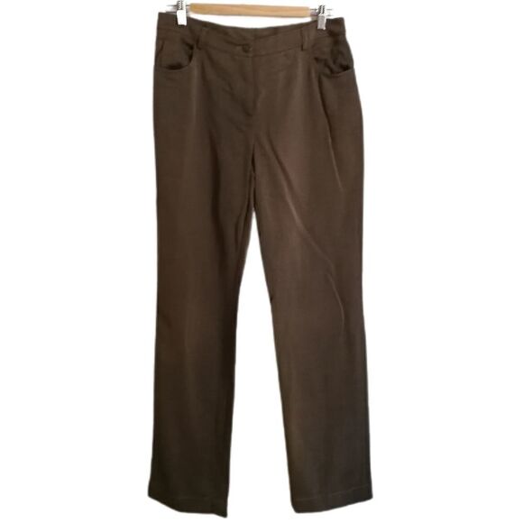 𝅺AKRIS Dark Beige / Green Wool Straigth Classic Trouser Pants Size Large - Picture 1 of 12